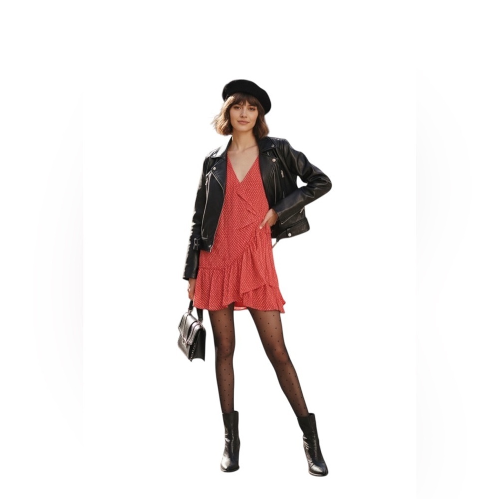 AllSaints Flores Hearts Red Mini Wrap Dress Ruffle V-Neck Size Medium